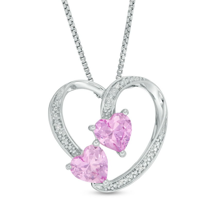 6.0mm Lab-Created Pink Sapphire and Diamond Accent Loop Heart Pendant in Sterling Silver