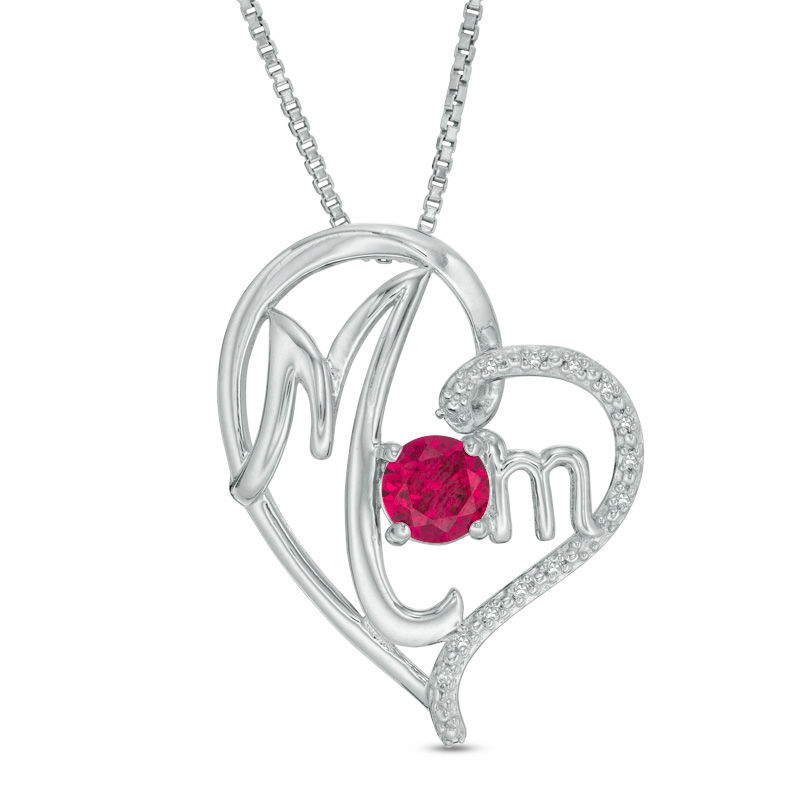 5.0mm Lab-Created Ruby and Diamond Accent "Mom" Tilted Heart Pendant in Sterling Silver