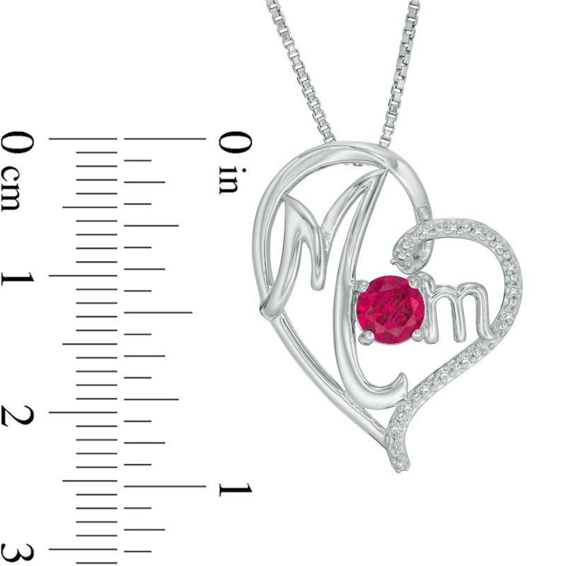 5.0mm Lab-Created Ruby and Diamond Accent "Mom" Tilted Heart Pendant in Sterling Silver