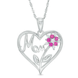 Lab-Created Ruby and White Sapphire "Mom" Flower Heart Pendant in Sterling Silver
