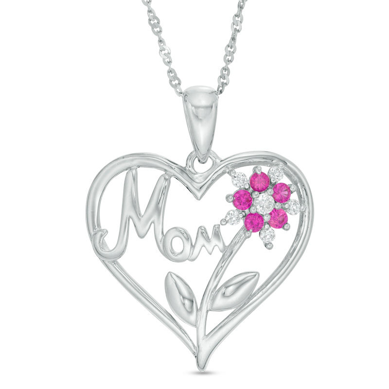 Lab-Created Ruby and White Sapphire "Mom" Flower Heart Pendant in Sterling Silver