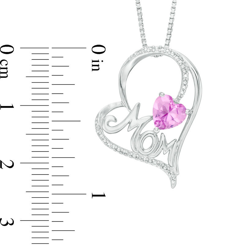 6.0mm Lab-Created Pink Sapphire and 0.066 CT. T.W. Diamond "MOM" Tilted Heart Pendant in Sterling Silver