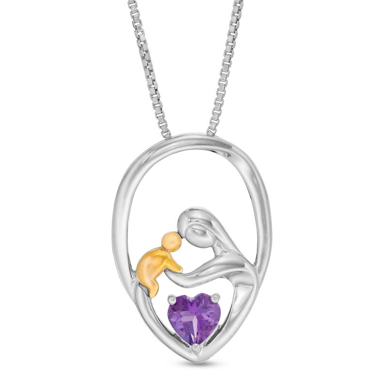 5.0mm Heart-Shaped Amethyst Open Framed Motherly Love Pendant in Sterling Silver and 14K Gold