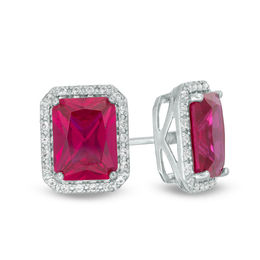 Emerald-Cut Lab-Created Ruby and White Sapphire Octagonal Frame Stud Earrings in Sterling Silver