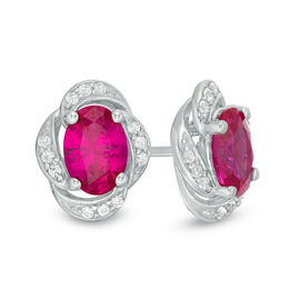 Oval Lab-Created Ruby and White Sapphire Swirl Frame Stud Earrings in Sterling Silver