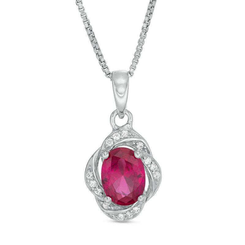 Oval Lab-Created Ruby and White Sapphire Swirl Frame Drop Pendant in Sterling Silver