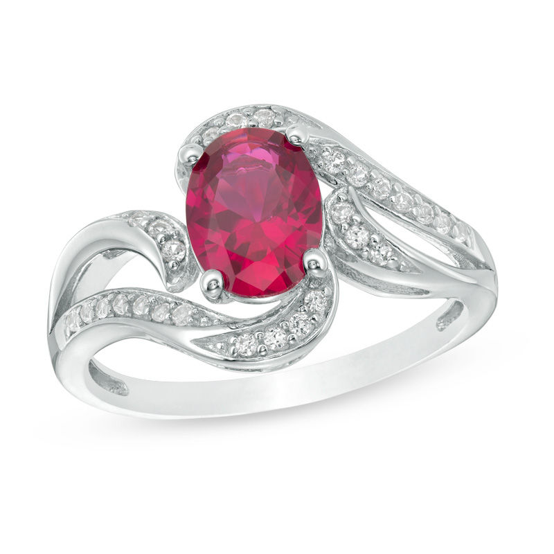 Oval Lab-Created Ruby and White Sapphire Swirl Bypass Split Shank in Sterling Silver