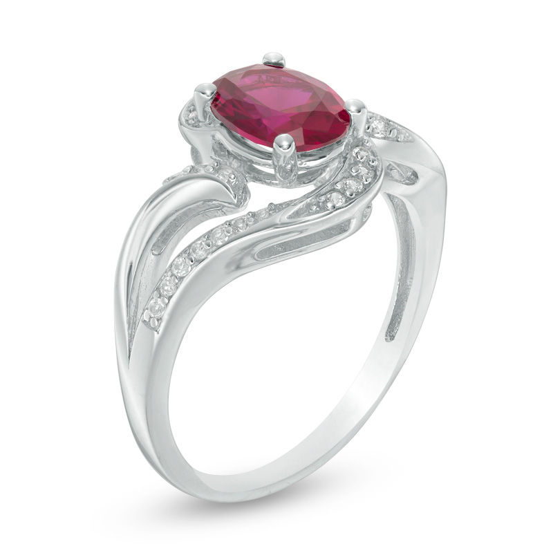 Oval Lab-Created Ruby and White Sapphire Swirl Bypass Split Shank in Sterling Silver