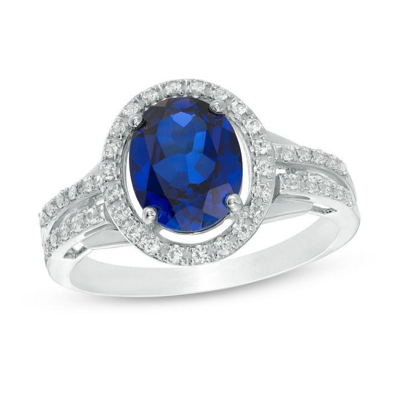 Oval Lab-Created Blue and White Sapphire Frame Split Shank Ring in Sterling Silver