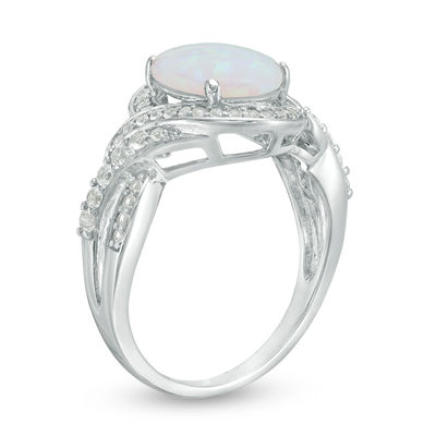 Oval Lab-Created Opal and White Sapphire Frame Twisted Bypass Ring in Sterling Silver
