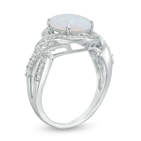 Oval Lab-Created Opal and White Sapphire Frame Twisted Bypass Ring in Sterling Silver