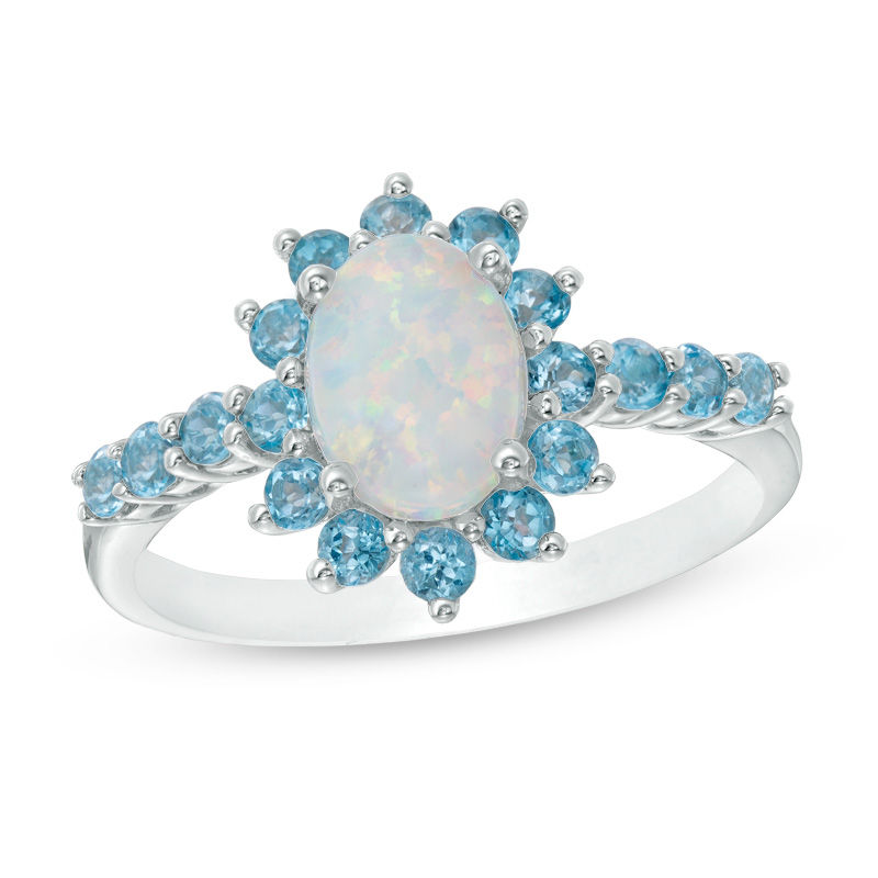 Oval Lab-Created Opal and Swiss Blue Topaz Starburst Frame Ring in ...