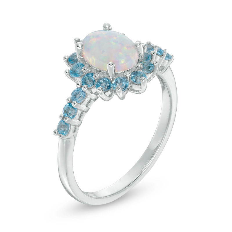 Main Image 2 of Oval Lab-Created Opal and Swiss Blue Topaz Starburst Frame Ring in Sterling Silver