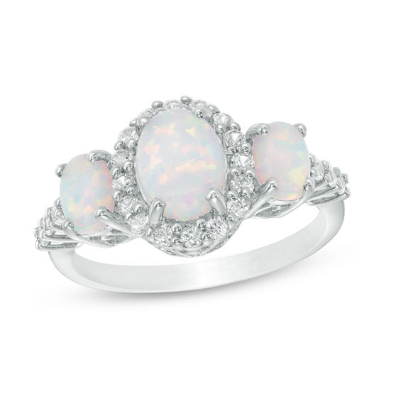 Oval Lab-Created Opal and White Sapphire Frame Three Stone Ring in ...