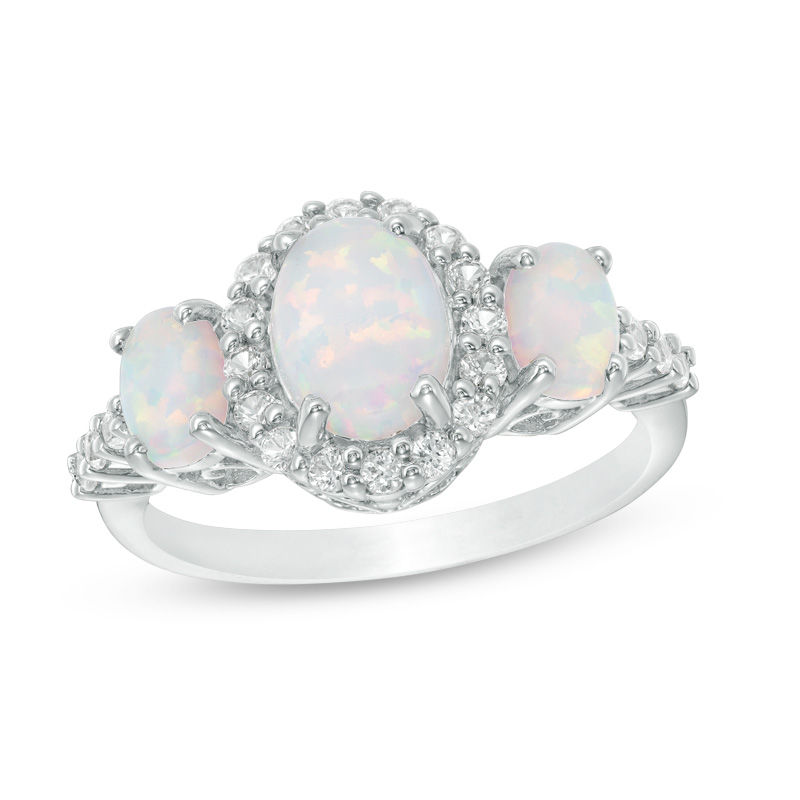 Oval Lab-Created Opal and White Sapphire Frame Three Stone Ring in Sterling Silver