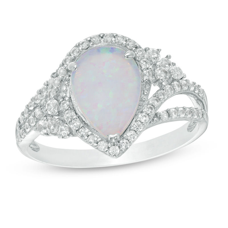 Pear-Shaped Lab-Created Opal and White Sapphire Split Shank Bypass Frame Ring in Sterling Silver