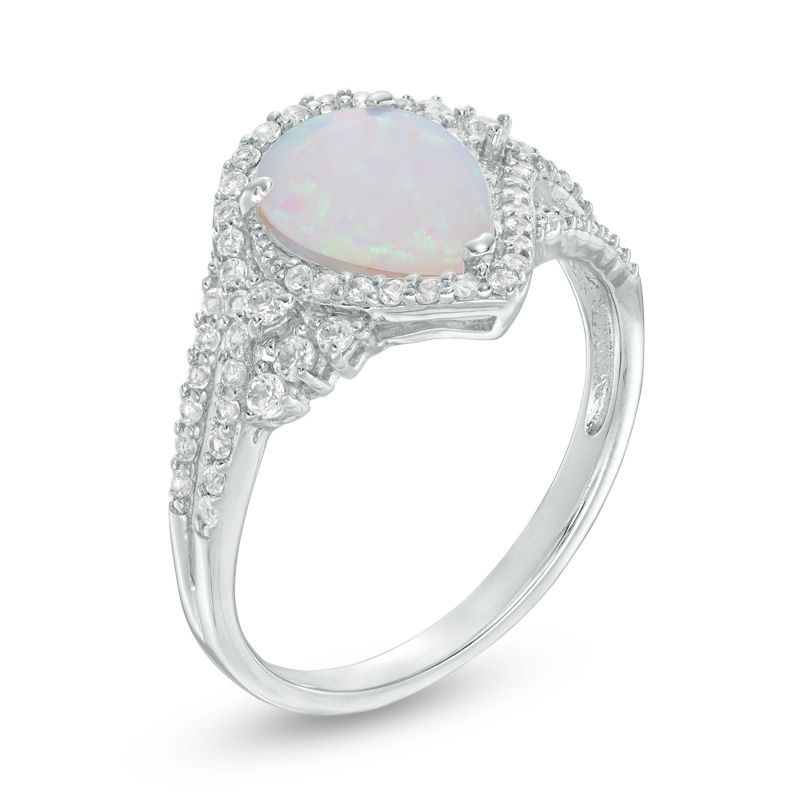 Pear-Shaped Lab-Created Opal and White Sapphire Split Shank Bypass Frame Ring in Sterling Silver