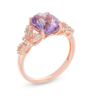 Oval Rose de France Amethyst and 0.19 CT. T.W. Diamond Floral Ring in 14K Rose Gold