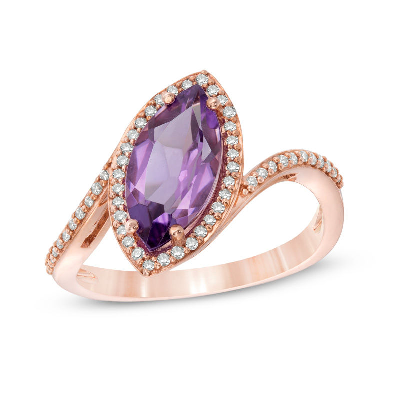 Marquise Amethyst and 0.16 CT. T.W. Diamond Frame Bypass Slant Ring in 14K Rose Gold