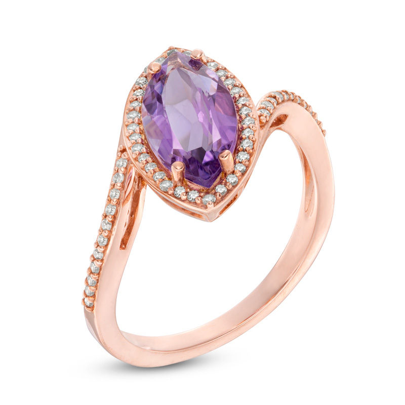 Marquise Amethyst and 0.16 CT. T.W. Diamond Frame Bypass Slant Ring in 14K Rose Gold