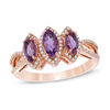 Thumbnail Image 0 of Marquise Amethyst and 0.17 CT. T.W. Diamond Frame Three Stone Open Shank Ring in 14K Rose Gold