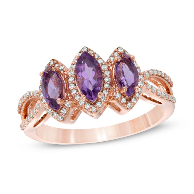 Marquise Amethyst and 0.17 CT. T.W. Diamond Frame Three Stone Open Shank Ring in 14K Rose Gold