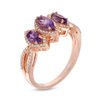 Thumbnail Image 1 of Marquise Amethyst and 0.17 CT. T.W. Diamond Frame Three Stone Open Shank Ring in 14K Rose Gold