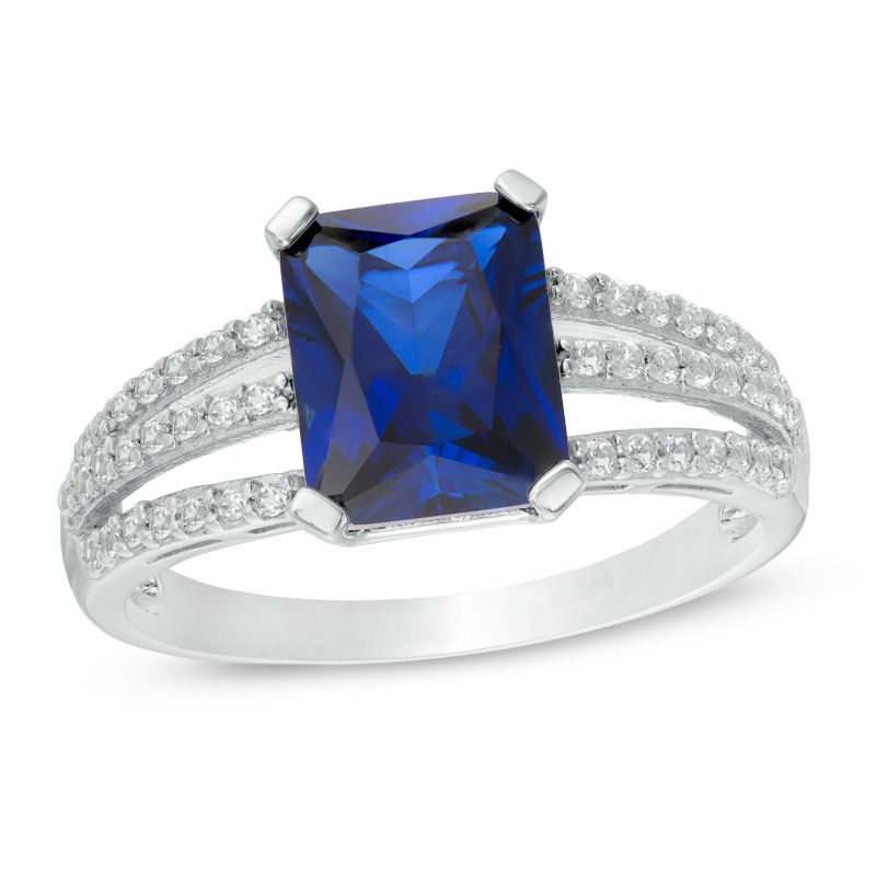 Emerald-Cut Lab-Created Blue and White Sapphire Triple Row Split Shank Ring in Sterling Silver|Peoples Jewellers