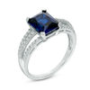 Thumbnail Image 1 of Emerald-Cut Lab-Created Blue and White Sapphire Triple Row Split Shank Ring in Sterling Silver