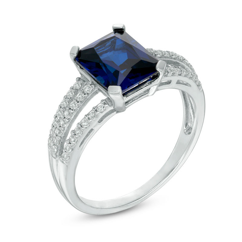 Emerald-Cut Lab-Created Blue and White Sapphire Triple Row Split Shank Ring in Sterling Silver