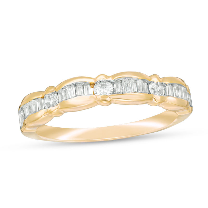 0.29 CT. T.W. Baguette and Round Diamond Scallop Wedding Band in 10K Gold