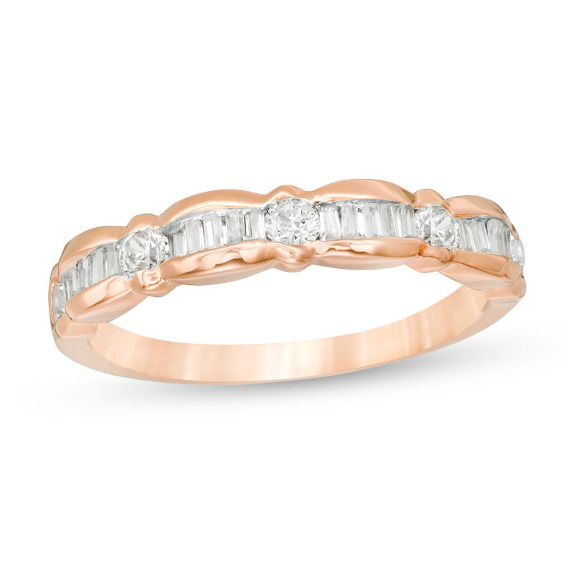 0.29 CT. T.W. Baguette and Round Diamond Scallop Wedding Band in 10K Rose Gold