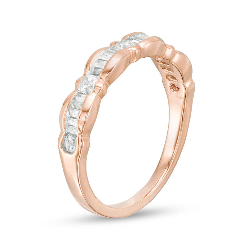 0.29 CT. T.W. Baguette and Round Diamond Scallop Wedding Band in 10K Rose Gold