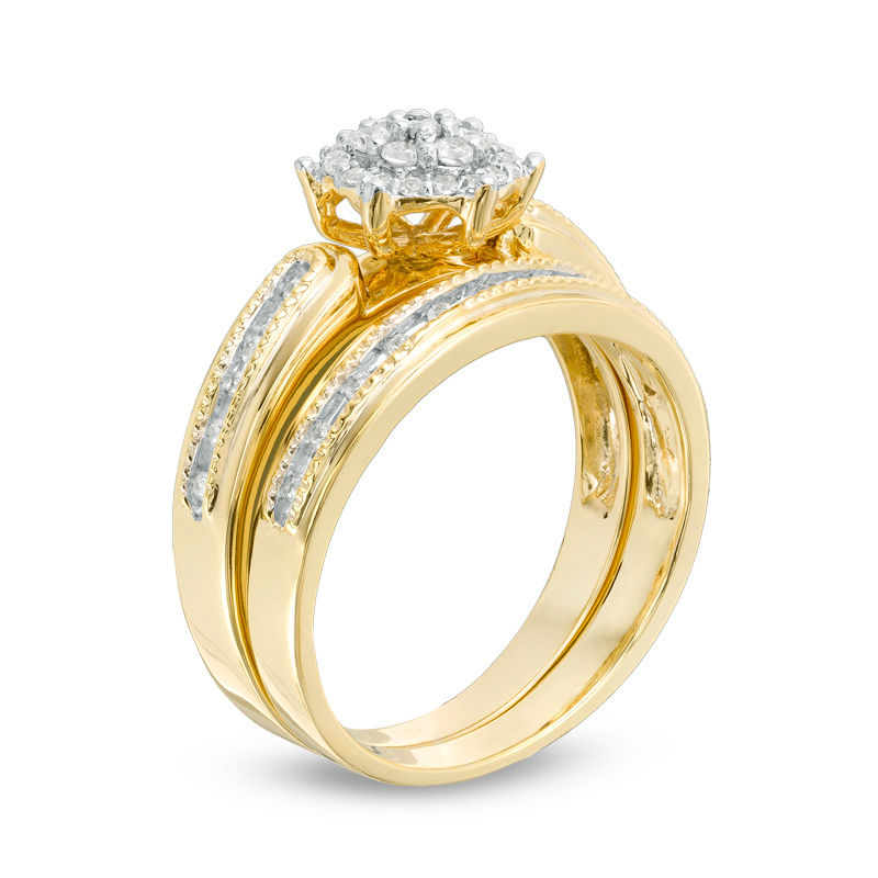 Main Image 2 of 0.23 CT. T.W. Composite Diamond Hexagon Frame Vintage-Style Bridal Set in Sterling Silver with 14K Gold Plate