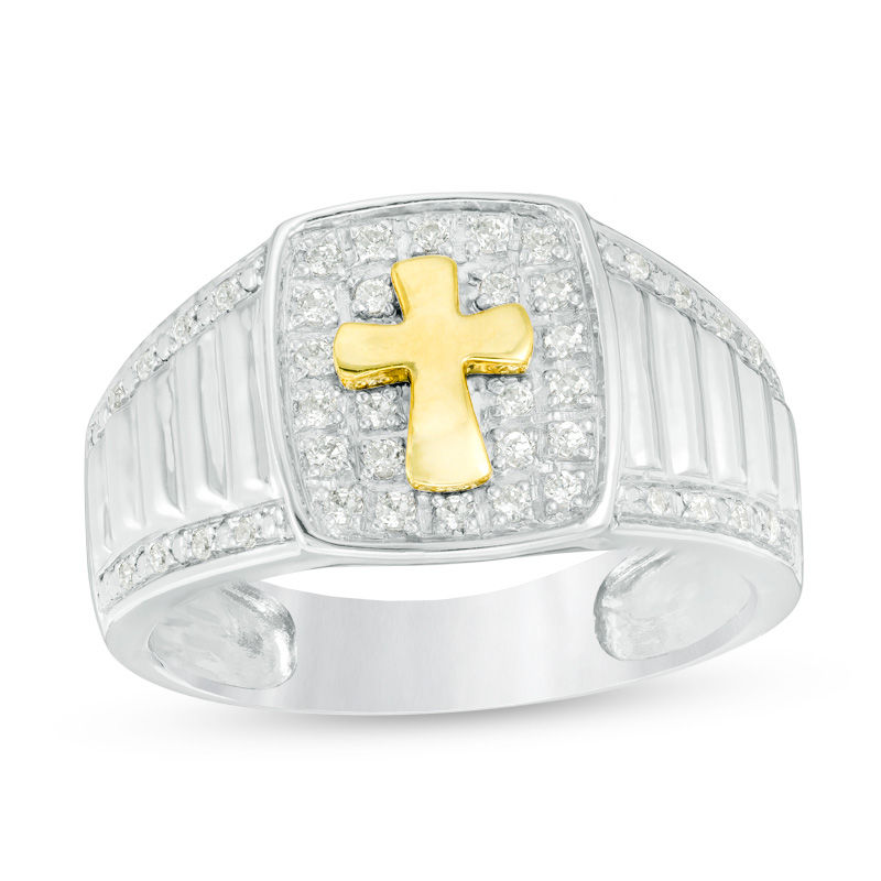 Men's 0.29 CT. T.W. Diamond Cross Signet Ring in 10K Two-Tone Gold|Peoples Jewellers