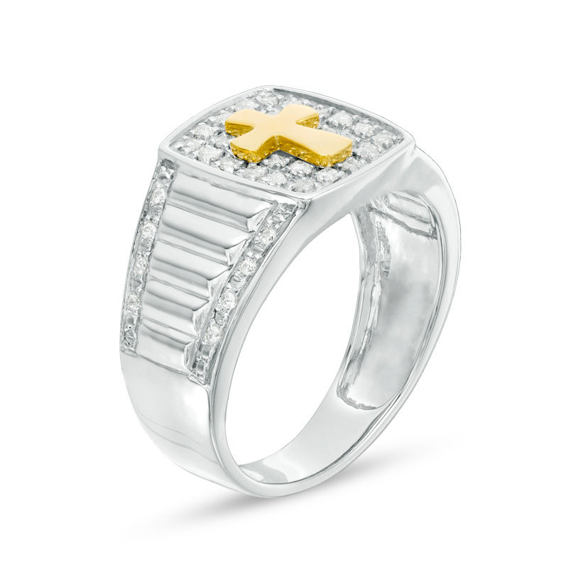 Main Image 2 of Men's 0.29 CT. T.W. Diamond Cross Signet Ring in 10K Two-Tone Gold
