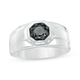 Men's 0.69 CT. Black Diamond Octagon Frame Signet Ring in Sterling Silver