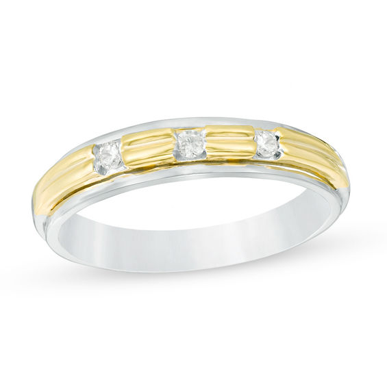 Men's 0.085 CT. T.W. Diamond Three Stone Wedding Band in 10K Two-Tone Gold Men's 0.085 CT. T.W. Diamond Three Stone Wedding Band in 10K Two-Tone Gold