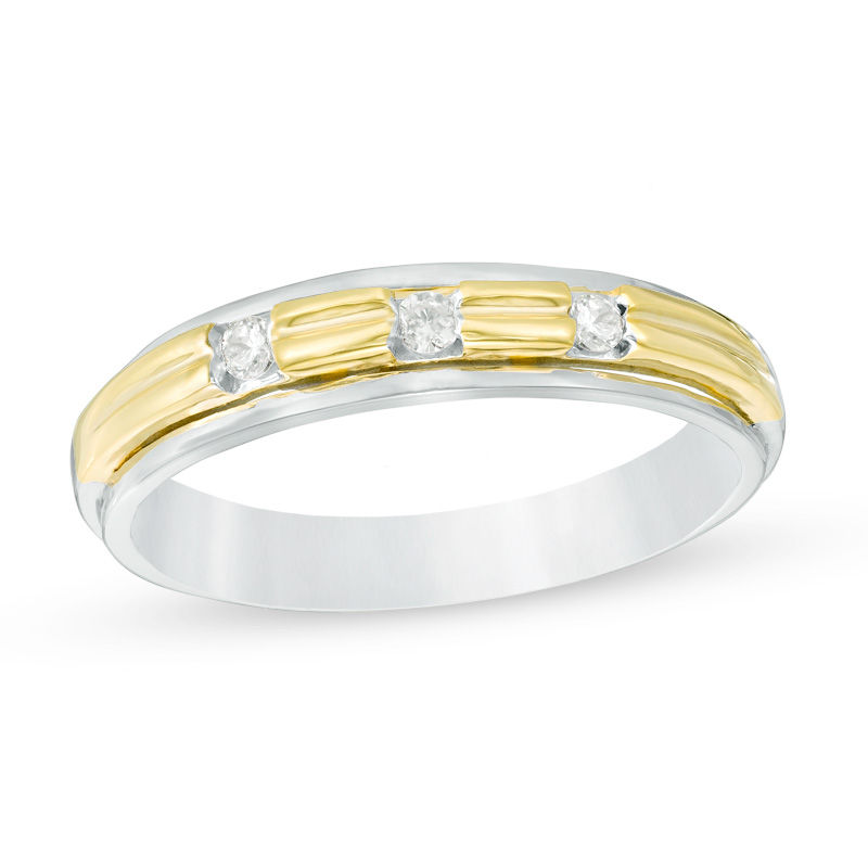 Men's 0.085 CT. T.W. Diamond Three Stone Wedding Band in 10K Two-Tone Gold|Peoples Jewellers