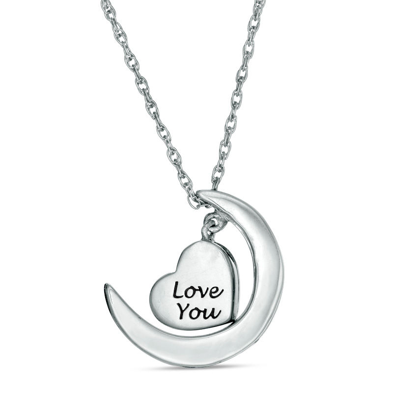 0.067 CT. T.W. Diamond Crescent Moon and Heart Dangle "Love" Message Pendant in Sterling Silver and 10K Gold