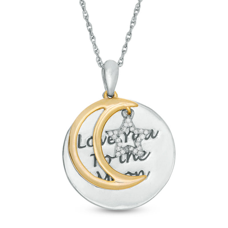 0.04 CT. T.W. Diamond Crescent Moon and Star "Love" Message Pendant in Sterling Silver and 10K Gold