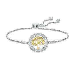 0.145 CT. T.W. Diamond Family Tree &quot;Strength&quot; Message Bolo Bracelet in Sterling Silver with 14K Gold Plate - 9.5&quot;