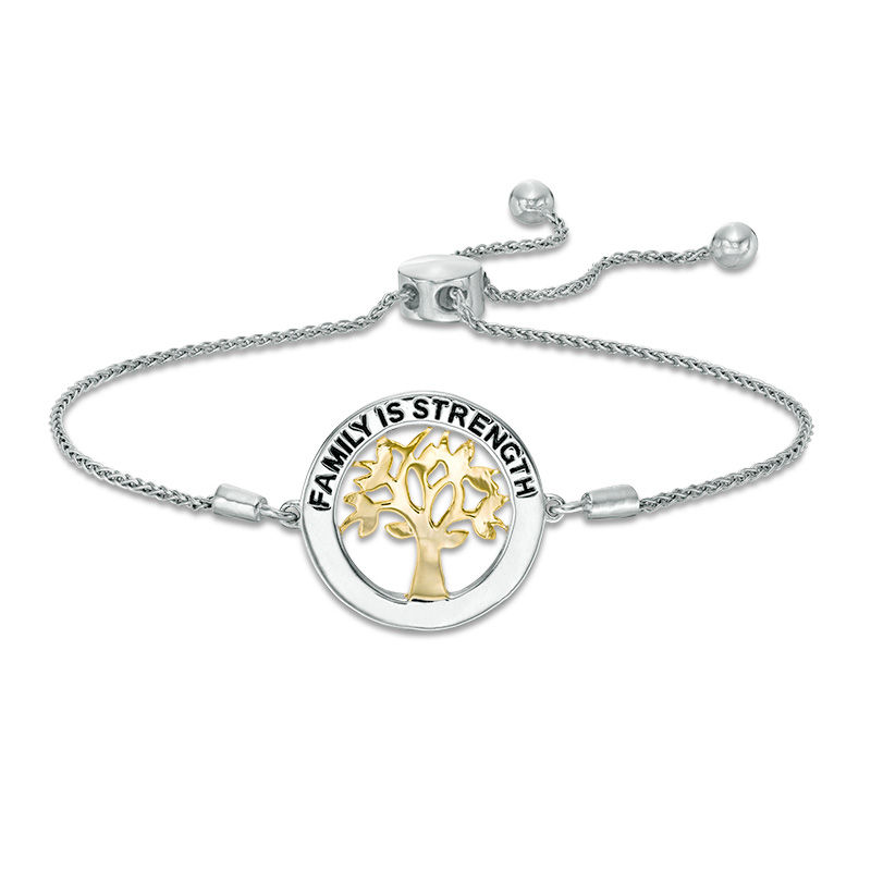 0.145 CT. T.W. Diamond Family Tree "Strength" Message Bolo Bracelet in Sterling Silver with 14K Gold Plate - 9.5"