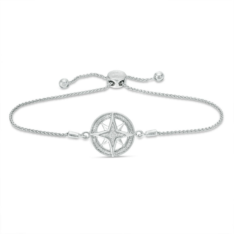 0.04 CT. T.W. Diamond Compass "Home" Message Bolo Bracelet in Sterling Silver - 9.5"|Peoples Jewellers
