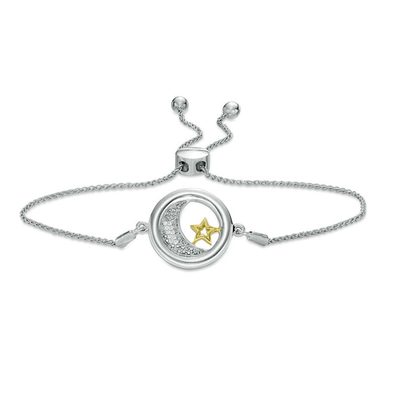 Diamond Accent Moon and Star "Love" Message Bolo Bracelet in Sterling Silver and 10K Gold - 9.5"|Peoples Jewellers