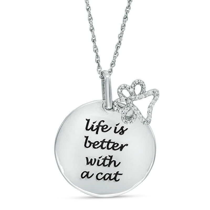 Main Image 2 of 0.04 CT. T.W. Diamond Cat Paw Print "Life is Better" Message Pendant in Sterling Silver