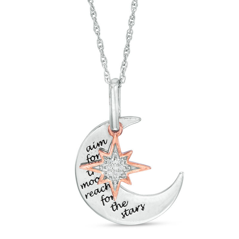 Diamond Accent Crescent Moon and Star Pendant in Sterling Silver and 10K Rose Gold