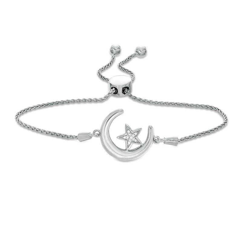 Diamond Accent Crescent Moon and Star Bolo Bracelet in Sterling Silver (1 Line) - 9.5"