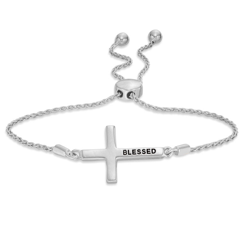 1/10 CT. T.W. Diamond Sideways Cross Bolo Bracelet in Sterling Silver (1 Line) - 9.5"|Peoples Jewellers