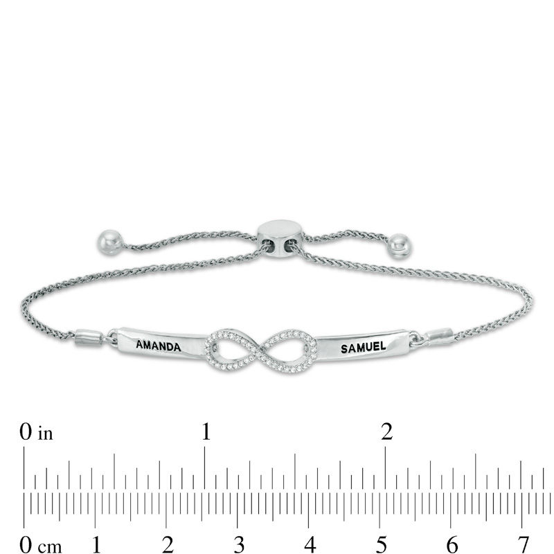 Main Image 2 of Couple's 1/15 CT. T.W. Diamond Infinity Bolo Bracelet in Sterling Silver (2 Names) - 9.5"